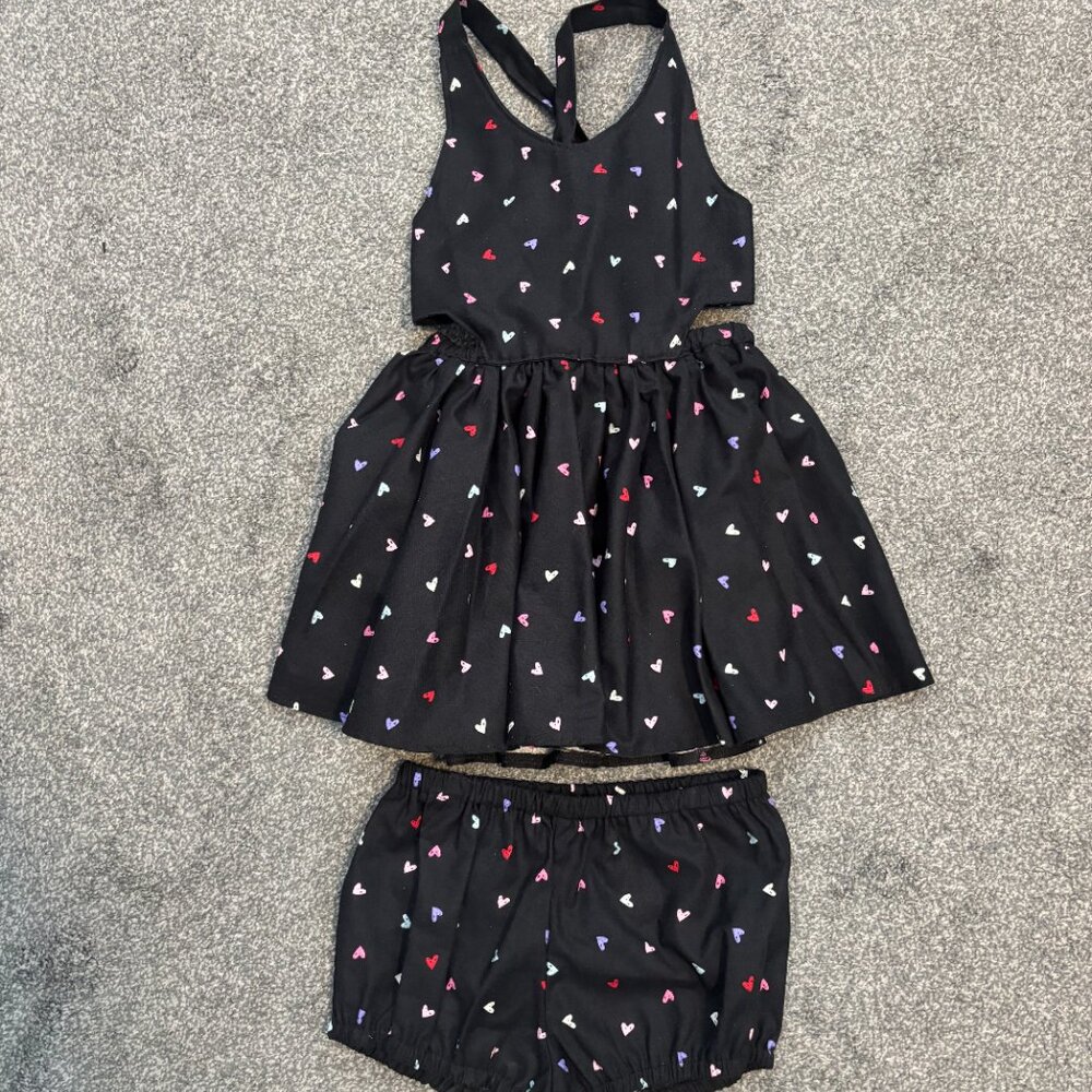 Little People Rocx black with multicolored hearts pinafore dress, bloomers